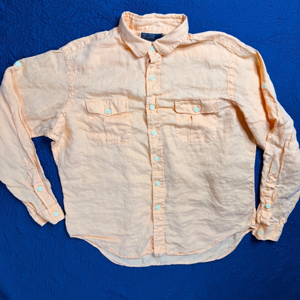 Polo Ralph Lauren Mens XL Highlighter Orange 100% Linen Button Down Safari Shirt